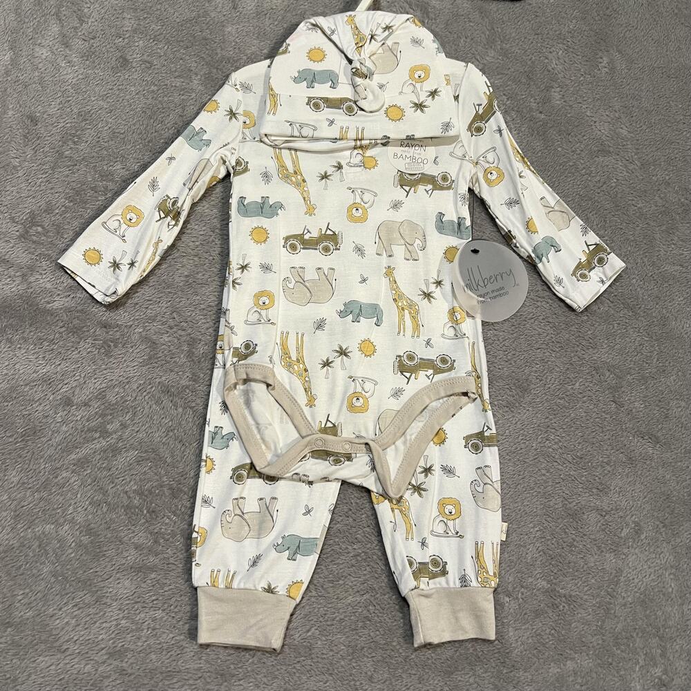 Milkberry Set Infant 6-9M Safari Animal Print Bamboo Rayon Bodysuit Pants Hat